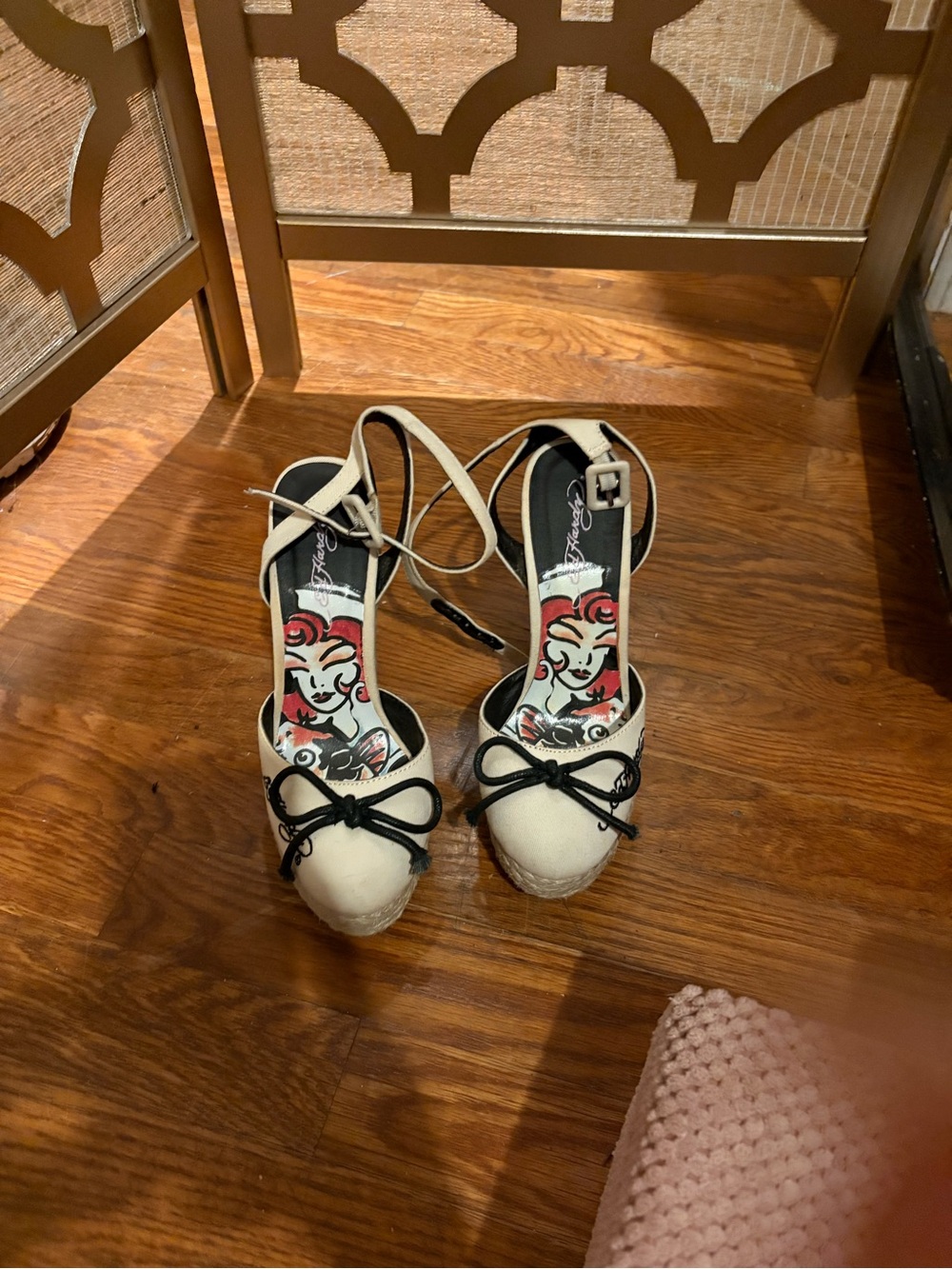 Ed Hardy Cream Platform Ankle-Strap Heels with Black Bow Accents